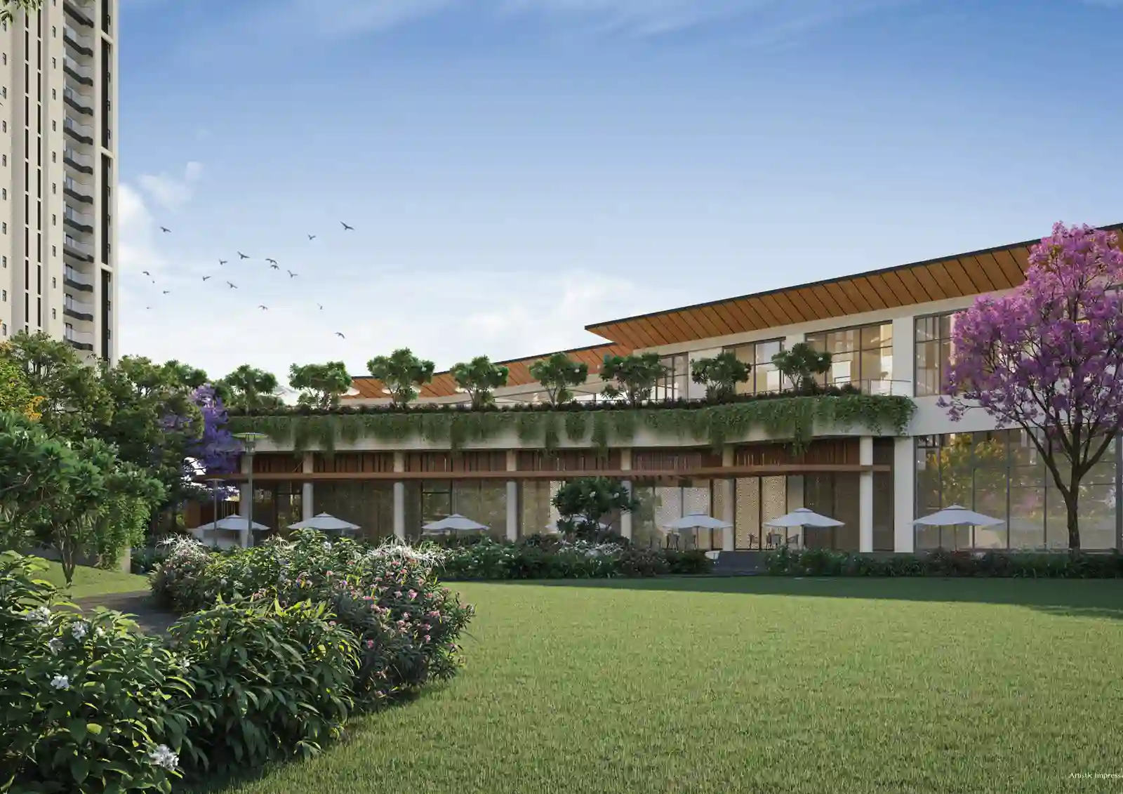 Modern tower with landscaped surroundings