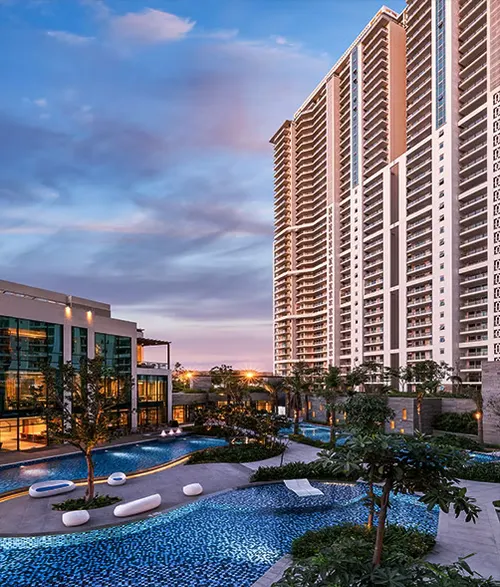 Modern tower with landscaped surroundings